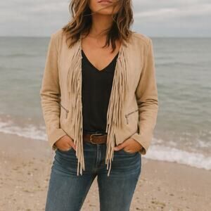 White House Black Market Beige Leather Fringe Jacket Women’s Medium Boho